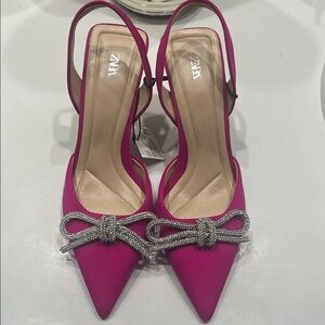 Zara Fuchsia Slingback Heels with Metallic Bow